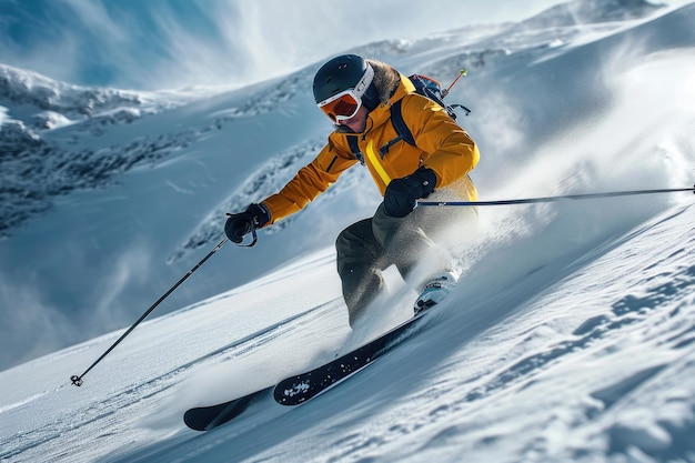 Narciarz lekkoatleta schodzi na zaśnieżoną górę. Narciarstwo