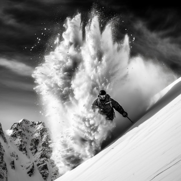 Zdjęcie narciarz na czarno-białym zdjęciu schodzącym z zaśnieżonej góry generatywnej ai