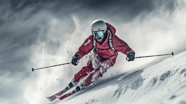 Narciarz na nartach Narciarz skaczący na snowboardzie Ekstremalne sporty zimowe Narciarz na nartach zjazdowych w słoneczny dzień w wysokich górach Generatywna sztuczna inteligencja