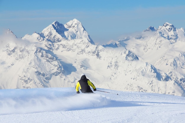 Narciarz na nartach zjazdowych w wysokich górach, widok z tyłu, Sölden, Austria