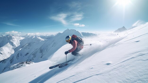 Narciarz schodzi z dużą prędkością na pokrytym śniegiem zboczu narciarskim w ośrodku w pomarańczowym garniturze Koncepcja