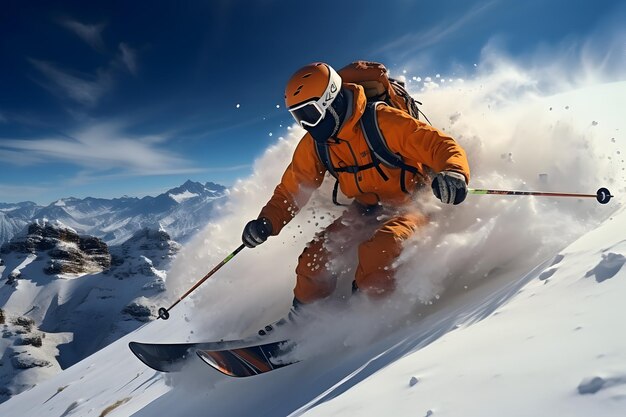 narciarz skaczący w śnieżnych górach na zboczu z jego narciarstwa i profesjonalnego sprzętu na słonecznym