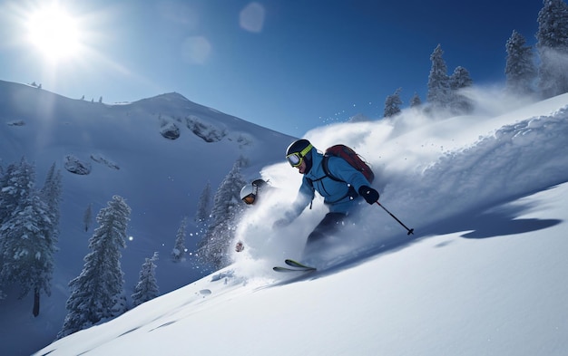 Zdjęcie narciarz skaczący w śnieżnych górach na zboczu z narciarzem i profesjonalnym sprzętem na słońcu