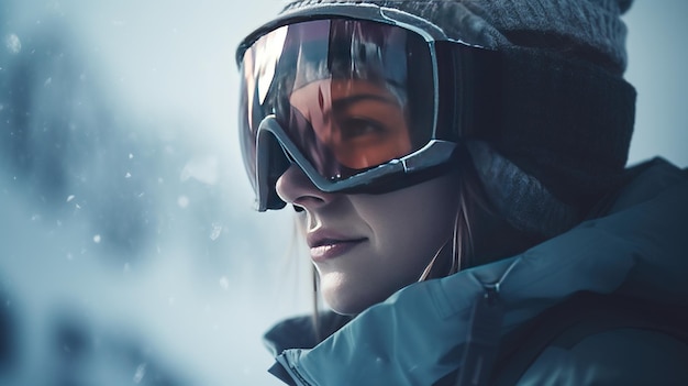 Narciarz w okularach zbliżenie tło ośnieżonych szczytów narciarskich gór Aktywne wakacje zimowe Makieta transparentu nagłówka z miejsca na kopię Generowane przez AI