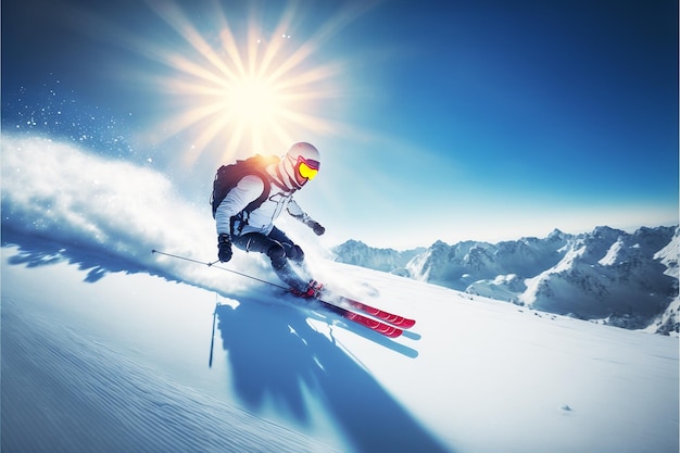 narciarz zjeżdża ze śnieżnej góry, a za nim świeci słońce.