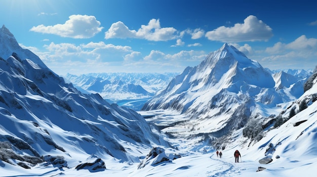 Narciarze na zaśnieżonym zboczu góry z błękitnym niebem
