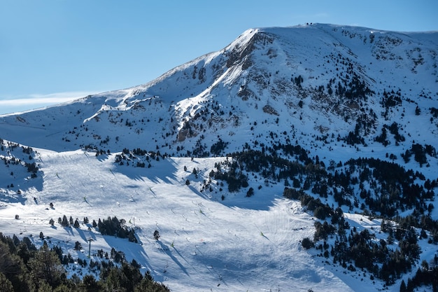 Narciarze szybujący po zboczach wysokich ośnieżonych gór w słoneczny dzień Pireneje Grandvalira Andora