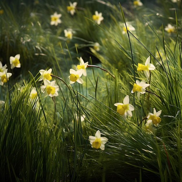 Narcyzy na polu zielonej trawy z żółtymi kwiatami