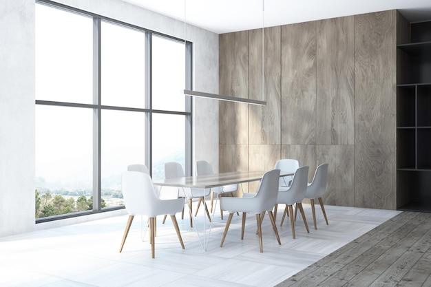 Narożnik białej i drewnianej jadalni z dużymi oknami, wyłożoną kafelkami podłogą i długim drewnianym stołem otoczonym białymi krzesłami. Makieta renderowania 3D