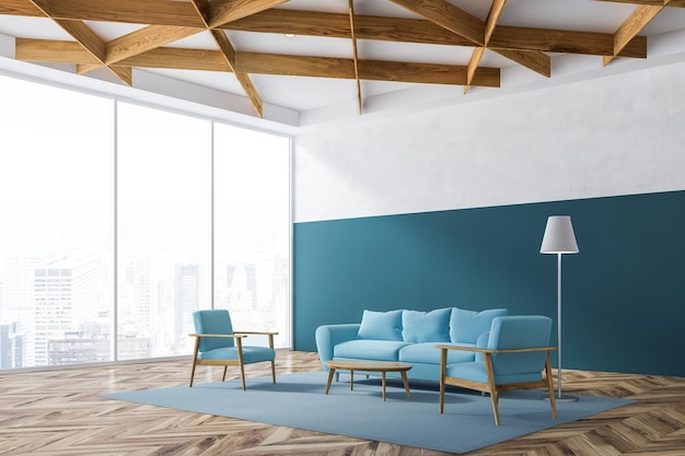 Narożnik nowoczesnego salonu z biało-niebieskimi ścianami, drewnianą podłogą, oknem na poddaszu i niebieską sofą z fotelami stojącymi przy drewnianym stoliku kawowym. renderowania 3D