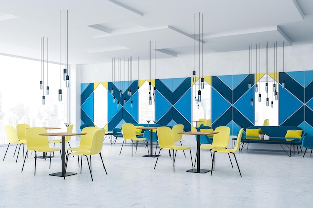 Narożnik panoramicznej kawiarni z niebieskimi ścianami, betonową podłogą, niebieskimi sofami i fotelami w pobliżu stolików kawowych i żółtymi krzesłami w pobliżu kwadratowych stołów. renderowania 3D