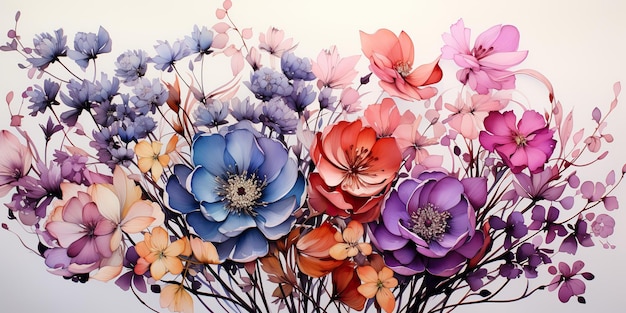 Narysowane malowane kwiaty kwiatów kwiatów w stylu akwarelu z wieloma kolorami