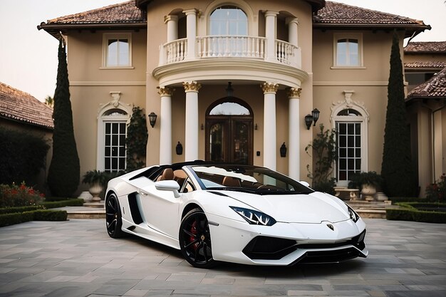 Narysuj mi obraz z ogromnym domem na podjeździe domu, w którym powinien stać Lamborghini.