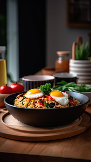 Nasi goreng danie ze smażonego ryżu z Azji Południowo-Wschodniej