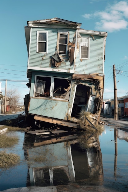 Następstwa huraganu uszkodziły domy i budynki stworzone za pomocą generatywnej SI