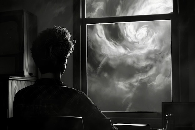 Nastolatek siedzący w ciemnym pokoju naprzeciwko okna, za którym zaczęła się burza i burza