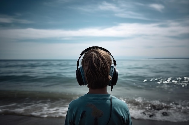 Nastolatek słucha muzyki w słuchawkach i patrzy na morze