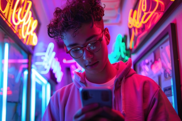 Nastolatek zajęty smartfonem w kolorowych neonowych światłach w słabo oświetlonym pokoju