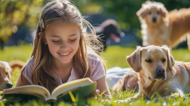 Nastolatka czyta książkę na zewnątrz w słoneczny dzień jej lojalny pies leżący u jej stóp i