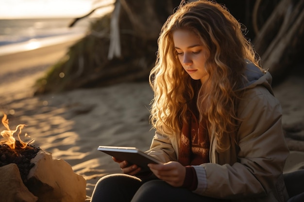 Nastolatka eksplorująca morze korzysta z cyfrowego tabletu generującego sztuczną inteligencję