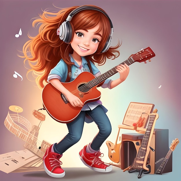nastolatka gra na gitarze postać z kreskówki 3D
