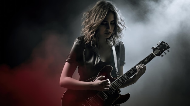 nastolatka grająca na gitarze akustycznej Dramatyczny czarno-biały z pasemkami i dymem