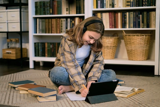 Zdjęcie nastolatka odrabiająca pracę domową przy biurku w swojej sypialni nastoletnia dziewczyna uczennica pisze notatki oglądaj wideo online seminarium internetowe ucz się na laptopie kurs e-learningowy na odległość wideokonferencja połączenie z komputerem