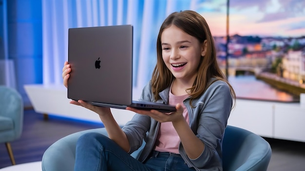 Nastolatka pokazuje swój nowy laptop