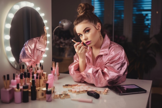 Nastolatka rasy kaukaskiej robi makijaż w sypialni glamour Generative AI AIG23