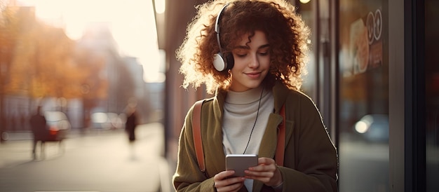 Nastolatka w stylu hipster swobodnie ubrana spacerująca ze smartfonem słuchającym muzyki na świeżym powietrzu puste miejsce na reklamę