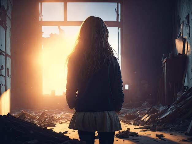 Nastolatka, widok z tyłu, w zniszczonym domu
