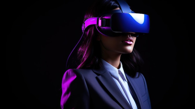 Nastolatka z Generacji Alpha ubrana w fioletowy neonowy garnitur i zestaw słuchawkowy VR na ciemnym tle