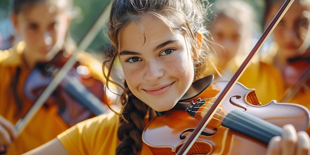 Nastolatki z liceum grające na skrzypcach i uczące się na świeżym powietrzu w młodzieżowym klubie muzycznym otoczonym twórczą i edukacyjną atmosferą