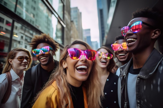 Nastolatkowie z pokolenia milenialsów w okularach AR spacerujący ulicą nowoczesnego miasta