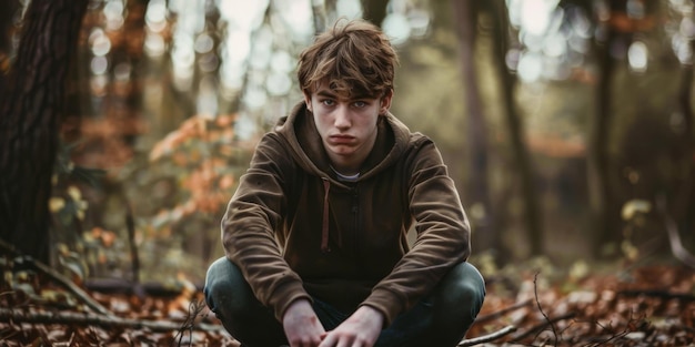 Zdjęcie nastoletni chłopiec siedzi na kucykach w lesie.