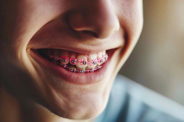 Zdjęcie nastoletni mężczyzna z aparatami z uśmiechem w ustach koncepcja nowoczesnej stomatologii generatywna sztuczna inteligencja