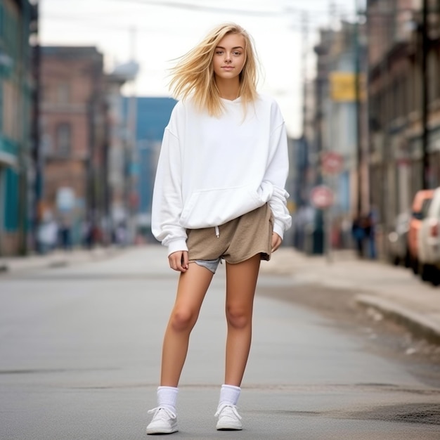 Nastoletnia dziewczyna w zwykłym stroju stojąca na ulicy