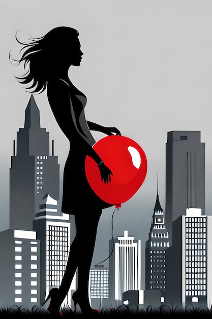 Nastoletnia dziewczyna z czerwonym balonem i nowoczesnym horyzontem miasta