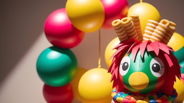 Zdjęcie nastrój kolorowej lalki klauna z balonami w tle ai generative