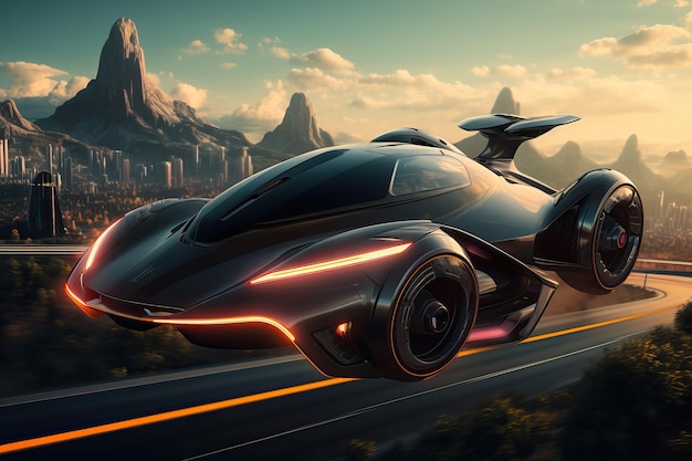 Zdjęcie nastrojowa scena przedstawiająca futurystyczny latający samochód szybujący po niebie