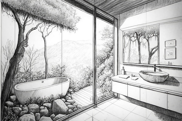 Zdjęcie naszkicowana ołówkiem łazienka z widokiem na otaczającą przyrodę i zieleń