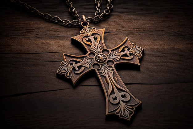 Naszyjnik z krzyżem chrześcijańskim wykonany z drewna z ciemnym tłem