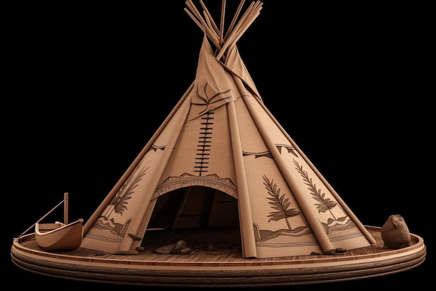 Native American tipi z łodzią obok niego w malowniczym krajobrazie