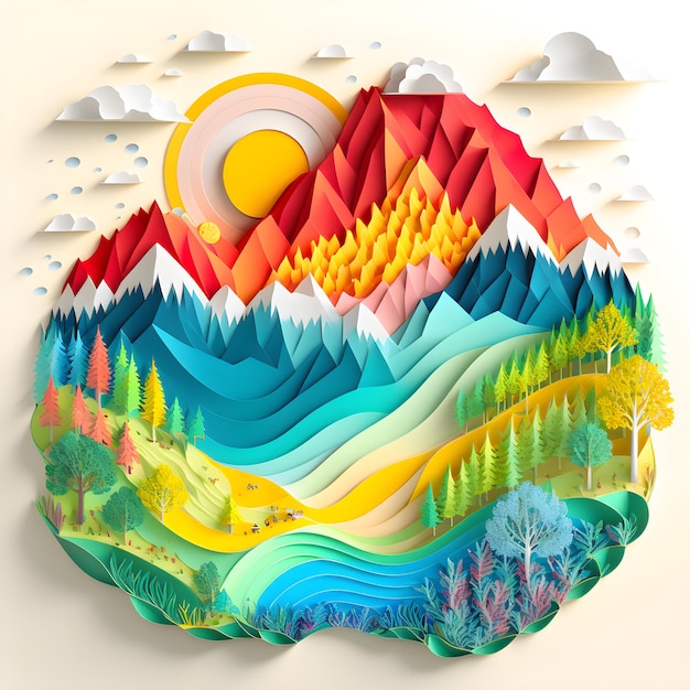 Natura Góra Globalne ocieplenie Papercut Generatywne AI Ilustracja Paper Origami
