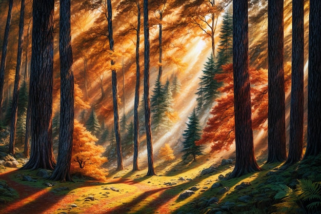 Zdjęcie natura pejzaż lasu maluje generatywne ilustracje ai