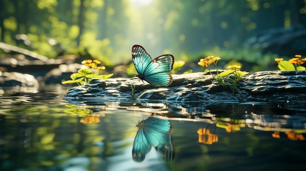 Natura spokojne piękno latającego motyla odbitego w spokojnej wodzie