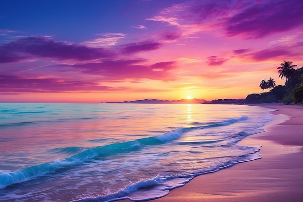 Natura w okresie zmierzchu, który obejmuje wschód słońca nad morzem i ładną plażę Letnia plaża z błękitną wodą i fioletowym niebem o zachodzie słońca