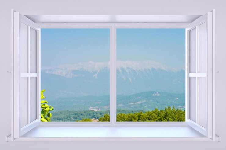 Zdjęcie natura za oknem 3d z wstawionym zdjęciem