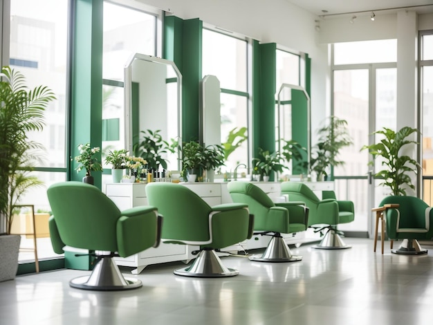 Zdjęcie natural tranquility green salon piękności z rzędami wygodnych foteli