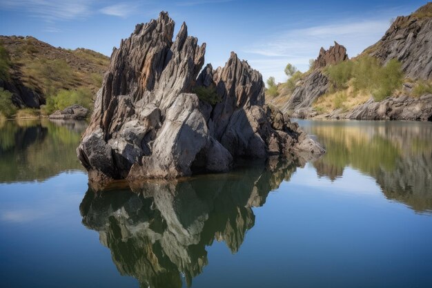 Naturalna formacja skalna wystająca ze spokojnego jeziora utworzonego za pomocą generatywnej sztucznej inteligencji
